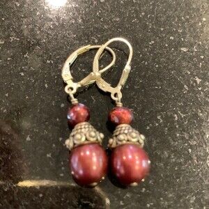 Sterling Silver dark red beaded earrings